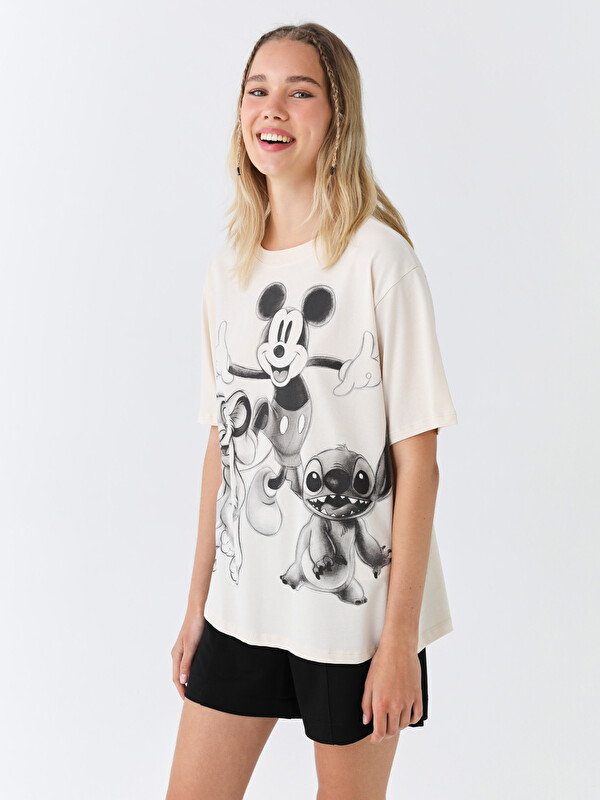 LCW Vision Crew Neck Mickey Mouse Printed Short Sleeve Oversize Women's T-Shirt