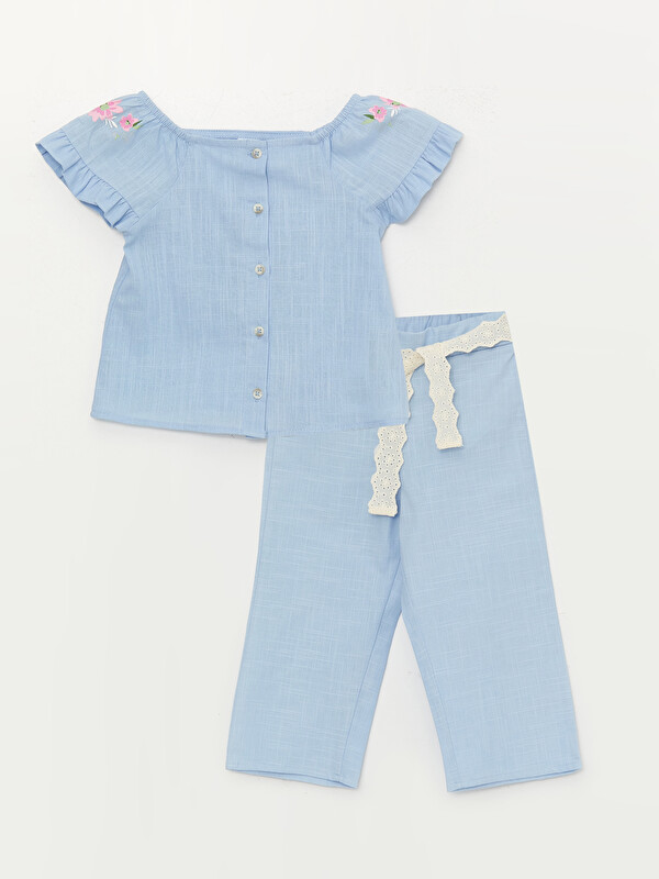 LCW baby Kvadratna kragna Košulja i Pantalone za Bebe Devojčice Set od 2 Komada