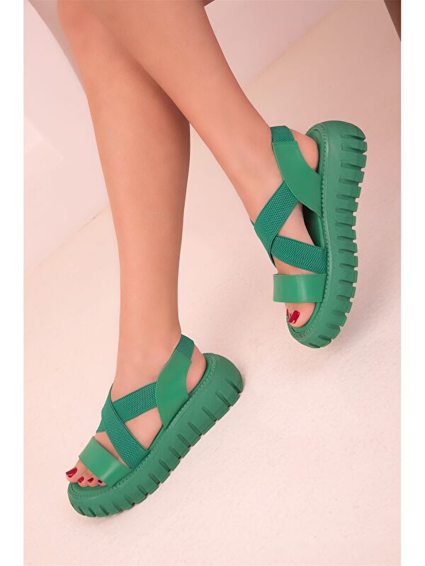 Deri Görünümlü Kalın Taban Kadın Sandalet - Görsel 3