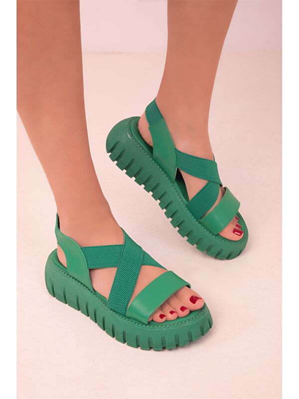 Deri Görünümlü Kalın Taban Kadın Sandalet - Görsel 5