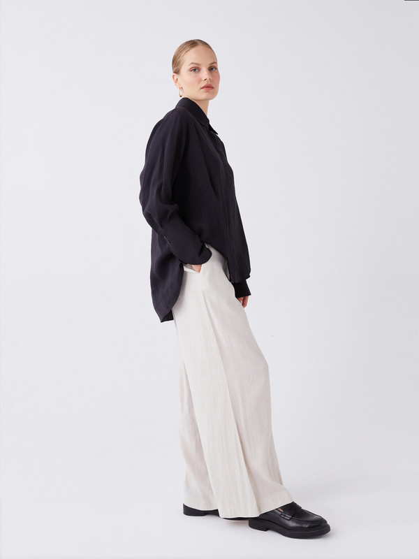 LCW Modest Elastic Waist Plain Linen Blend Women's Trousers