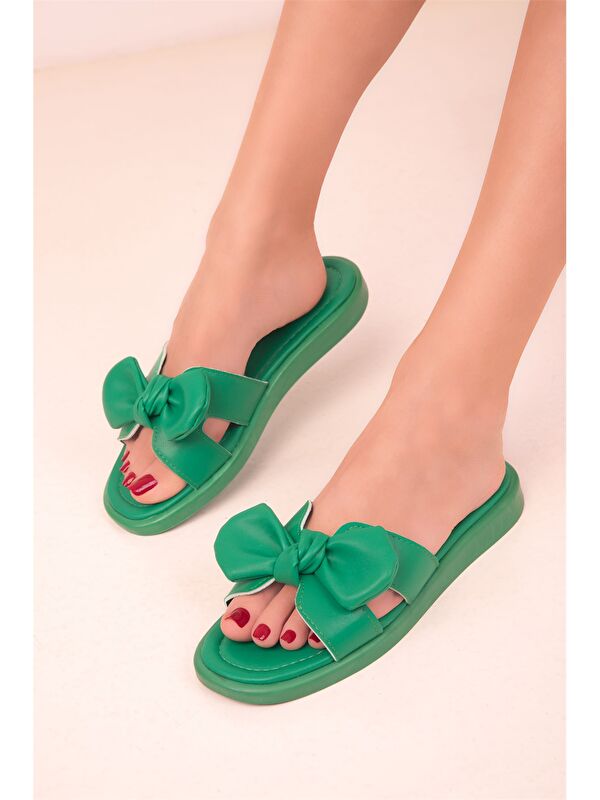 Deri Görünümlü Fiyonk Detaylı Kadın Terlik - Görsel 4