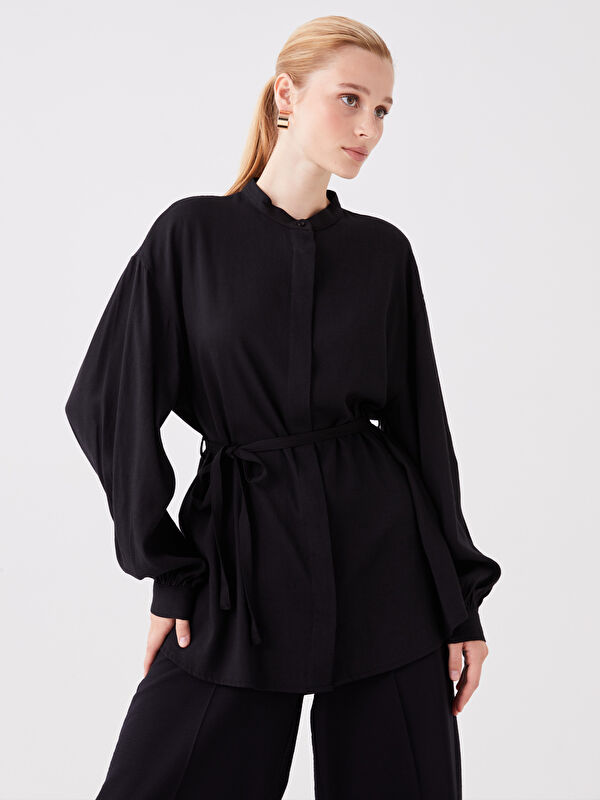LCW Modest Siyah Hakim Yaka Düz Uzun Kollu Oversize Kadın Tunik