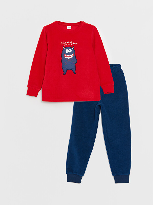 LCW Kids Bisiklet Yaka Nakışlı Uzun Kollu Erkek Çocuk Pijama Takımı