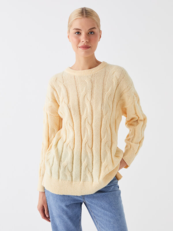 LCW Modest Bisiklet Yaka Kendinden Desenli Uzun Kollu Oversize Kadın Triko Tunik