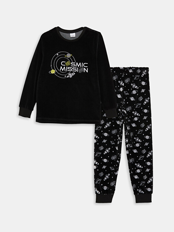 LCW Kids Bisiklet Yaka Desenli Uzun Kollu Kadife Erkek Çocuk Pijama Takımı