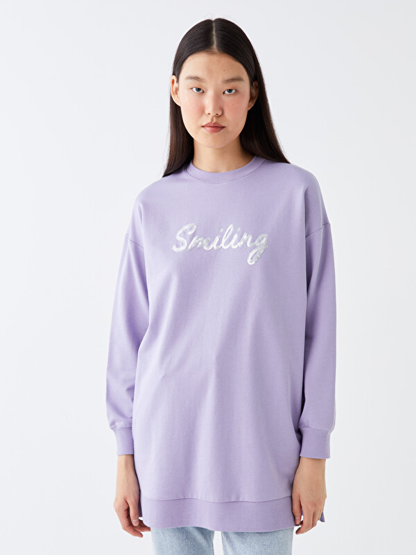 LCW Modest Bisiklet Yaka Baskılı Uzun Kollu Oversize Kadın Sweatshirt Tunik