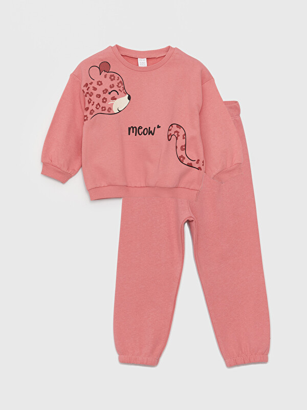 LCW baby Bisiklet Yaka Uzun Kollu Kız Bebek Sweatshirt ve Pantolon 2'li Takım