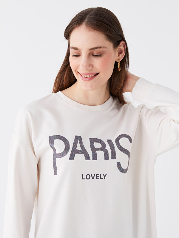 LCWAIKIKI Classic Tunique Sweatshirt à Manches Longues Imprimée pour Femmes avec Col Rond