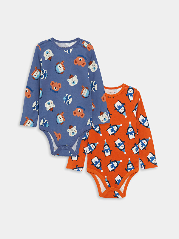 LCW baby Body băiețel cu mânecă lungă, guler rotund, imprimat, cu capse la cric, 2 bucăți