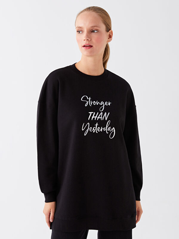 LCW Modest Crew Neck Printed Long Sleeve Oversize Women's Sweatshirt Tunic