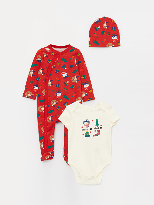 LCW baby Crew Neck New Year Themed Baby Boy Jumpsuit and Beret 3-Piece Set