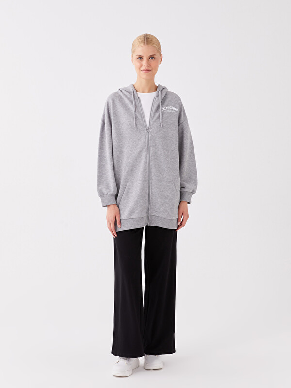 LCW Modest Gri Kapüşonlu Baskılı Uzun Kollu Oversize Kadın Spor
