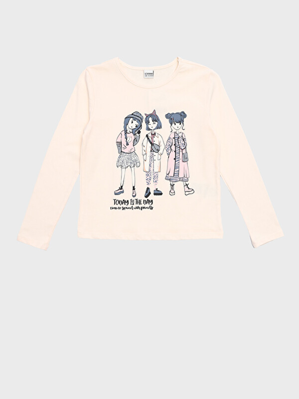 LCW Kids Crew Neck Printed Long Sleeve Girls' T-Shirt