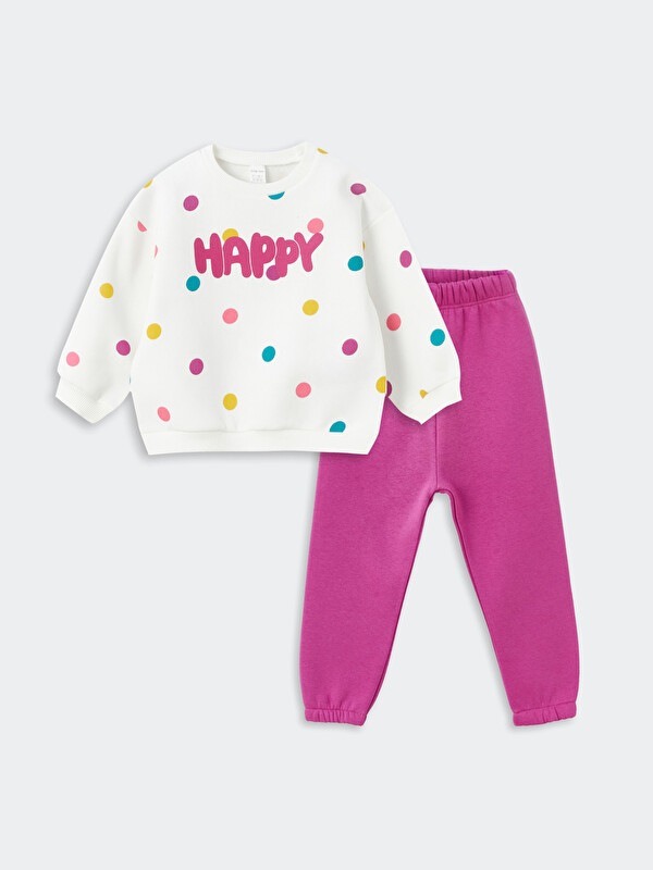 LCW baby Bisiklet Yaka Uzun Kollu Baskılı Kız Bebek Sweatshirt ve Eşofman Alt 2'li Takım