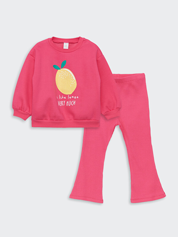 LCW baby Bisiklet Yaka Uzun Kollu Baskılı Kız Bebek Sweatshirt ve Eşofman Alt 2'li Takım