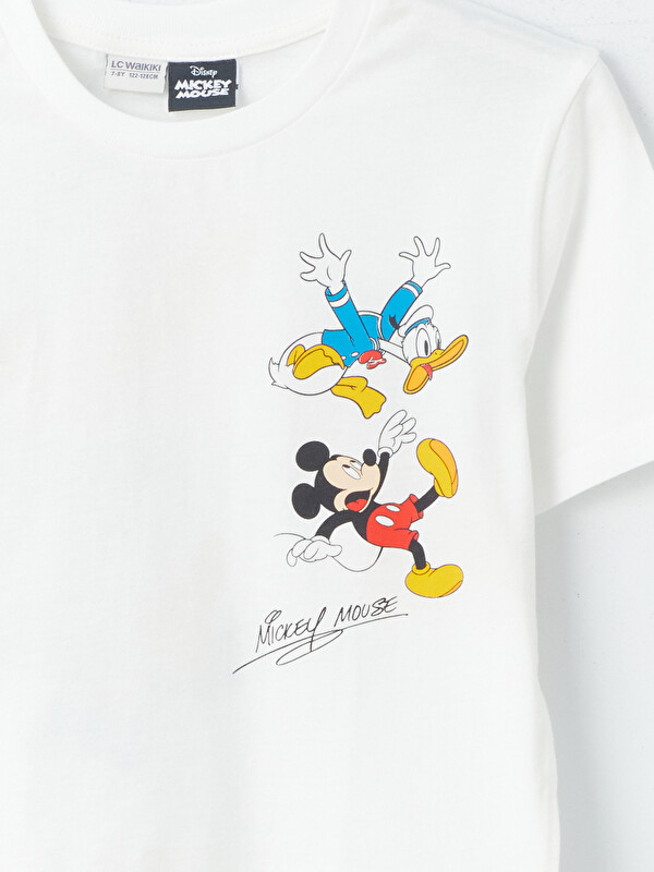 LCW Kids Ekru Bisiklet Yaka Mickey Mouse Baskılı Kısa Kollu Erkek