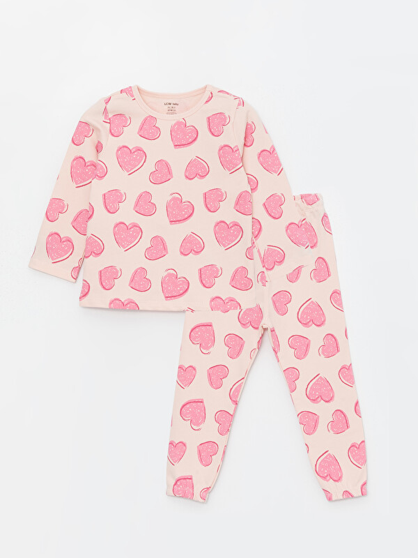 LCW baby Pembe Bisiklet Yaka Baskılı Kız Bebek Pijama Takımı