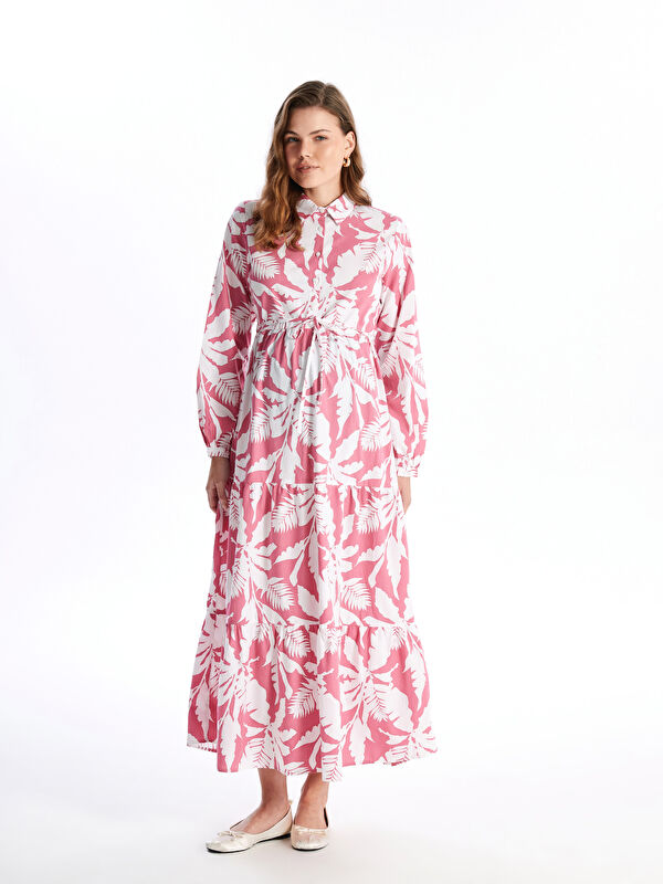 LCWAIKIKI Maternity Collared Neck Patterned Long Sleeve Maternity Dress