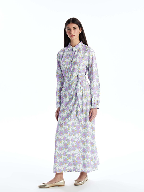 LCW Modest فستان قميص كم طويل منقوش للسيدات