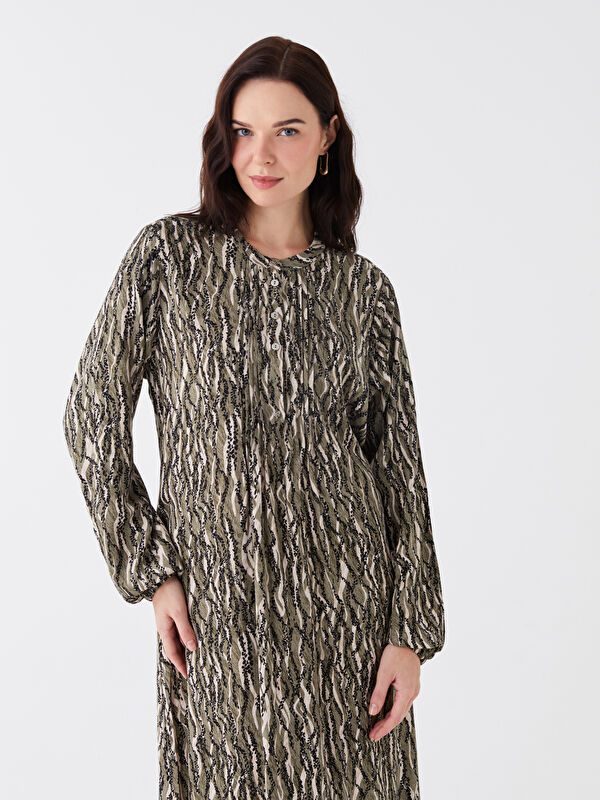 LCW Grace Haki Bisiklet Yaka Desenli Uzun Kollu Kadın Elbise