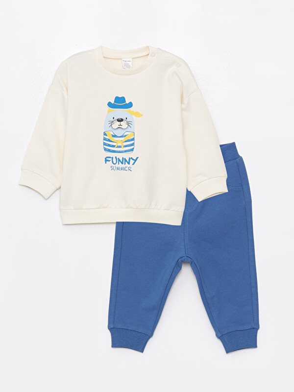 LCW baby Crew Neck Long Sleeve Printed Baby Boys' Sweatshirt and Sweatpants 2 Pack Set