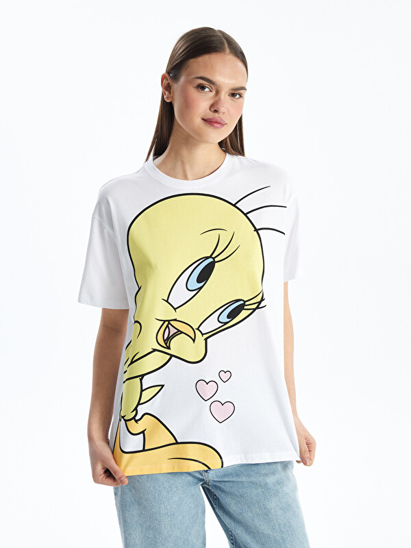 LCW Modest T-shirt Surdimensionné Imprimé Tweety Col Rond pour Femmes