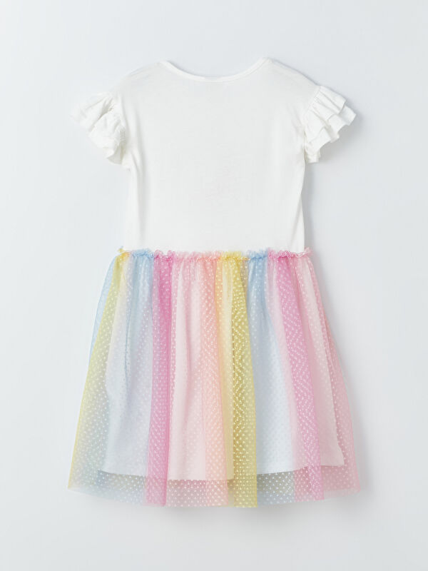 LCW Kids Ekru Bisiklet Yaka Baskılı Kız Çocuk Elbise - S49571Z4