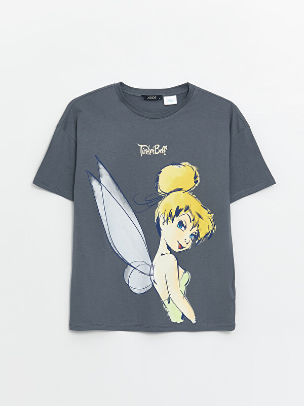 XSIDE Gri Bisiklet Yaka Tinker Bell Baskılı Kısa Kollu Kadın