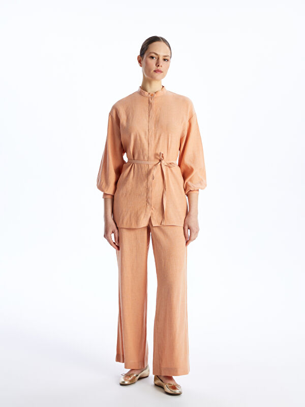 LCW Modest Elasticated Waist Plain Linen Blend Women's Trousers