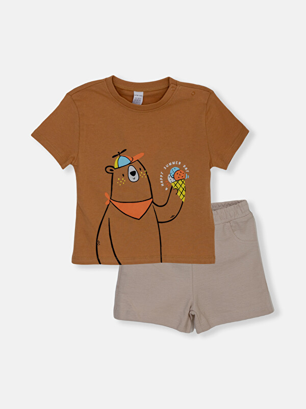 LCW baby Crew Neck Short Sleeve Printed Baby Boys' T-Shirt and Shorts 2 Pack Set