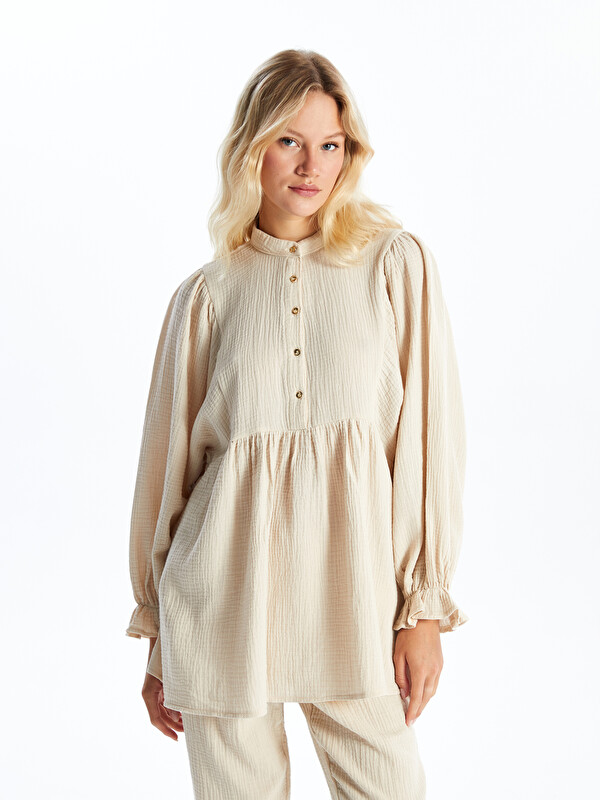 LCW Modest Grandad Collar Plain Long Sleeve Oversize Women's Tunic