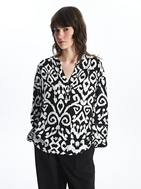 LCW Vision Notch Neck Patterned Long Sleeve Oversize Women's Blouse
