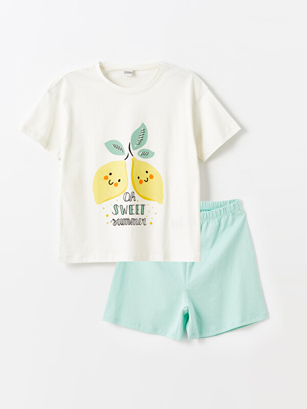 LCW Kids Crew Neck Printed Short Sleeve Girls' Pyjama Set with Shorts