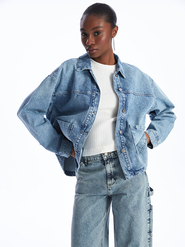 LCW Vision Gömlek Yaka Oversize Kadın Jean Ceket