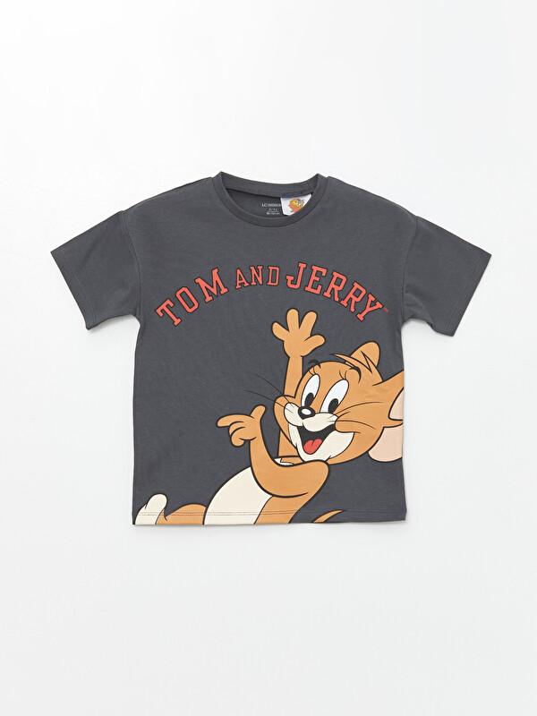 LCW Kids Gri Bisiklet Yaka Tom ve Jerry Baskılı Erkek Çocuk Tişört