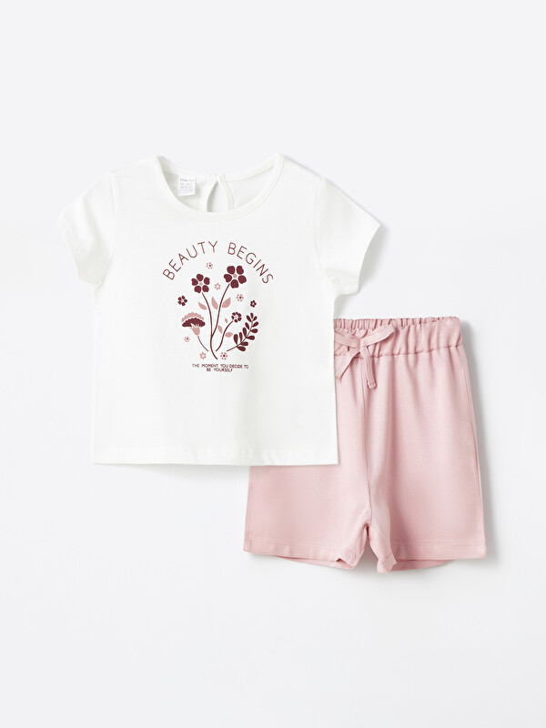 LCW ECO Crew Neck Short Sleeve Printed Baby Girls' T-Shirt and Shorts 2 Pack Set