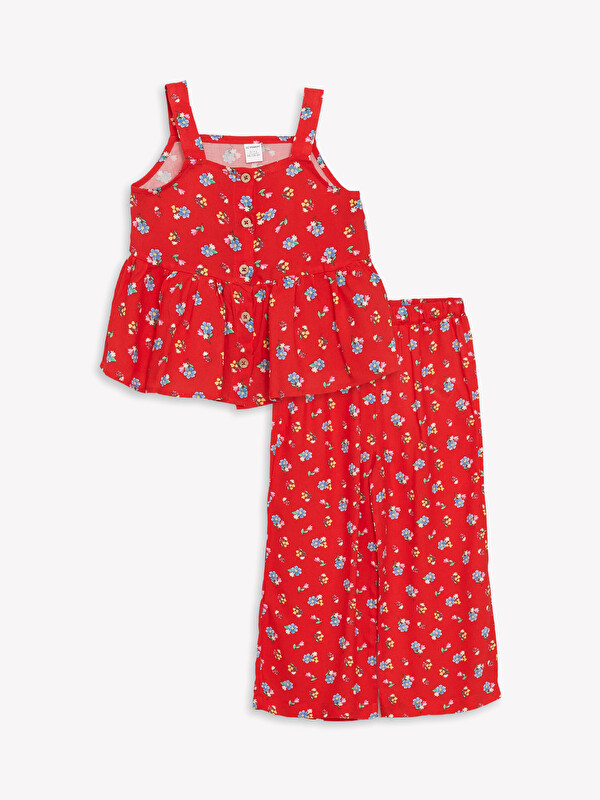 LCW Kids Kare Yaka Askılı Çiçek Desenli Kız Bebek Bluz ve Pantolon 2'li Takım