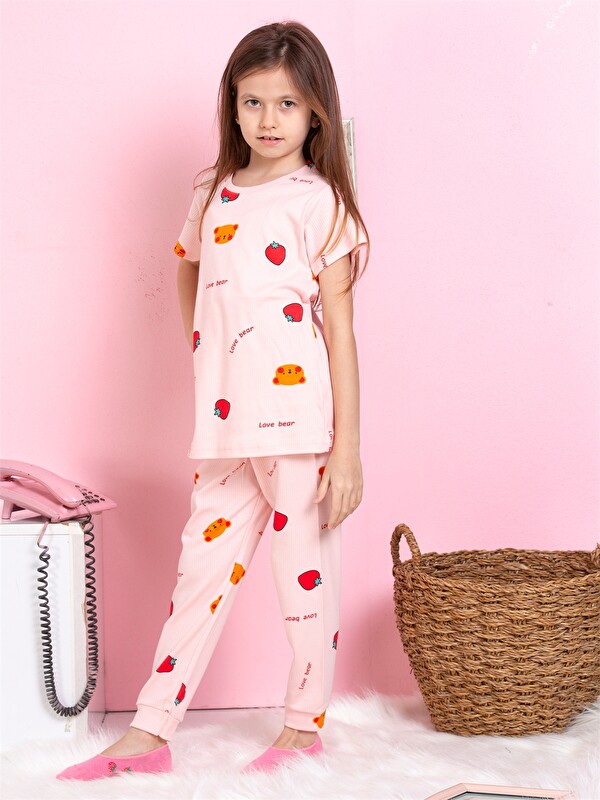 Elmas Kids Pembe Bisiklet Yaka Baskılı Kısa Kollu Kız Çocuk Pijama