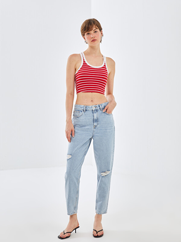 BLAİS Mom Fit Yırtık Detaylı Kadın Jean Pantolon