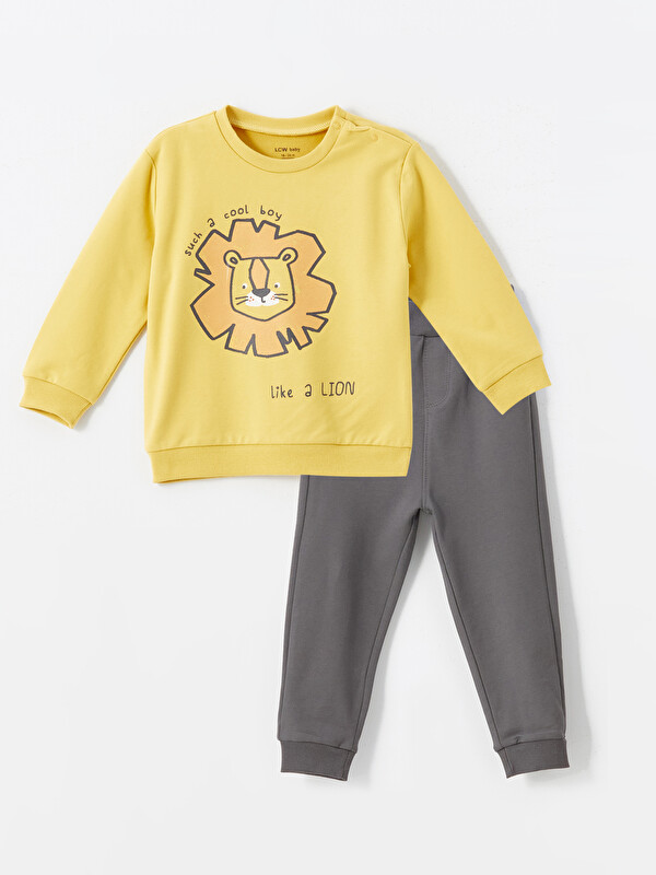 LCW baby Crew Neck Printed Baby Boy Sweatshirt and Tracksuit Bottom 2-Piece Set