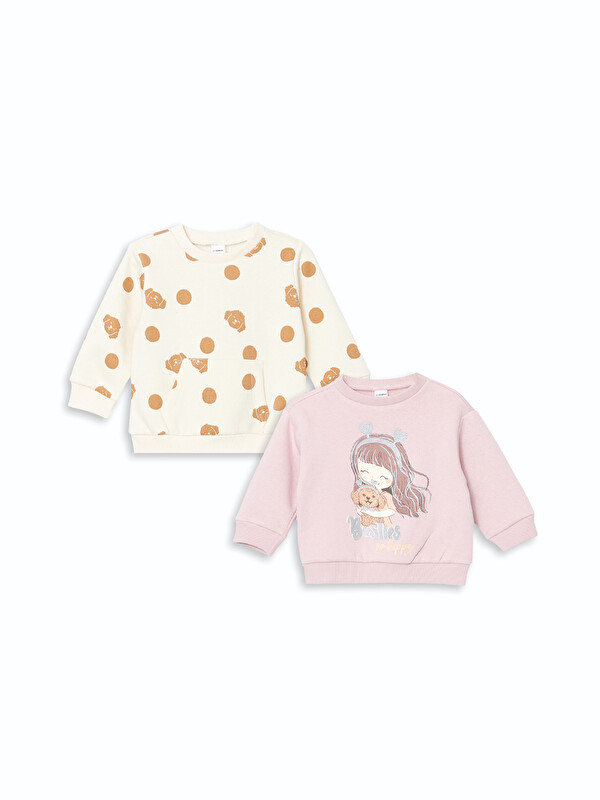LCW Kids Crew Neck Thick Printed Baby Girls Sweatshirt 2 Pack