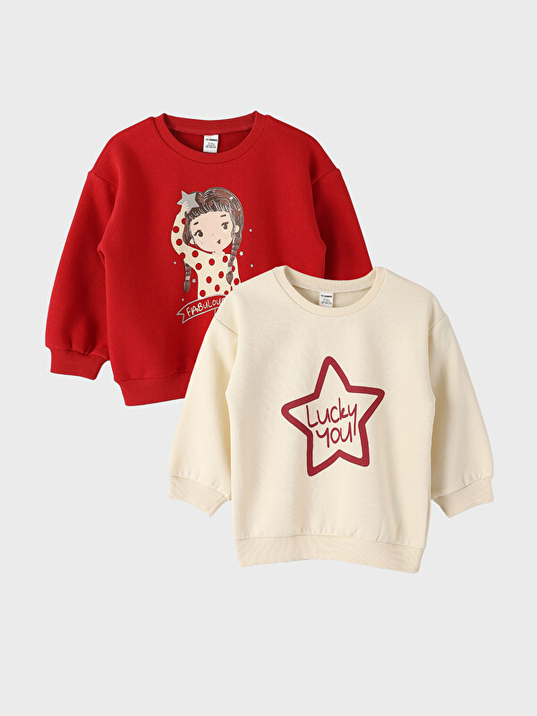 LCW Kids Crew Neck Printed Baby Girls' Sweatshirt 2 Pack