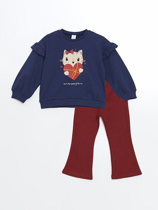 LCW Kids Crew Neck Printed Girls' Sweatshirt and Leggings Pants 2 Pack