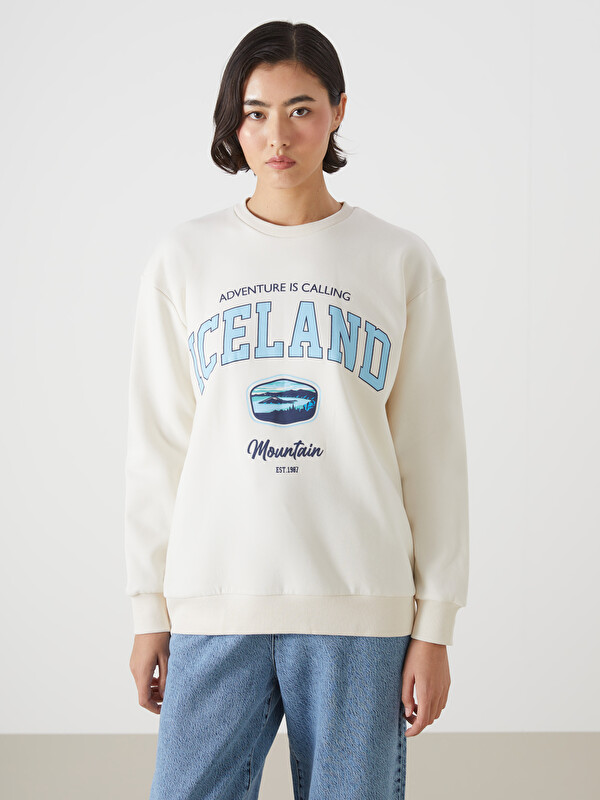LCW Vision Sweat-Shirt Épais Imprimé Surdimensionné à Col Rond pour Femmes