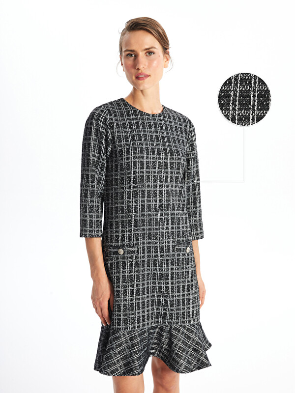LCWAIKIKI Classic Rundhalsausschnitt Karo Damen Tweed Kleid