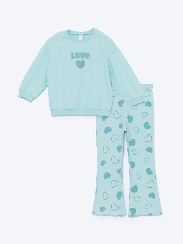 LCW Kids Crew Neck Long Sleeve Printed Girls' Sweatshirt and Tights 2 Pack