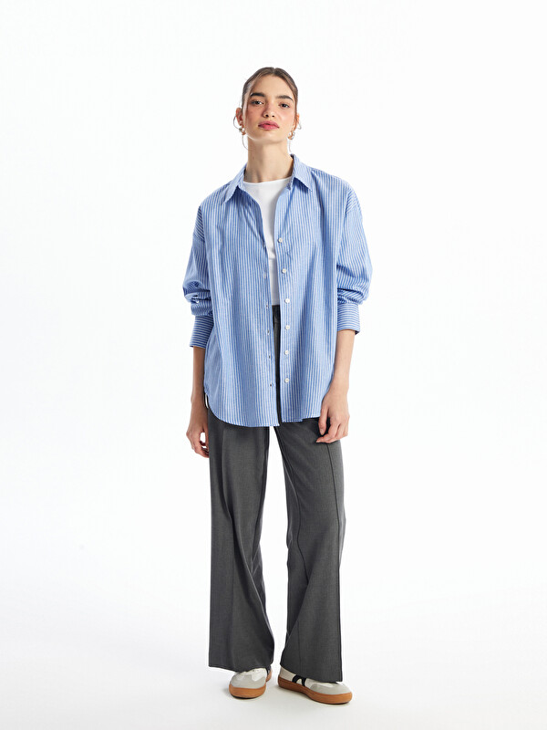 XSIDE Mavi Çizgili Uzun Kollu Oversize Kadın Gömlek - W4I969Z8-LEN