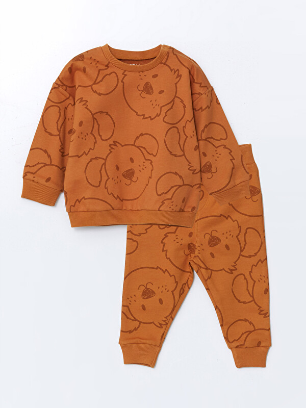 LCW baby Crew Neck Printed Baby Boys' Sweatshirt and Tracksuit Bottom 2 Pack