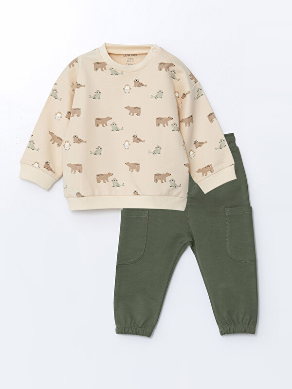 LCW Kids Crew Neck Printed Baby Boys' Sweatshirt and Tracksuit Bottom 2 Pack